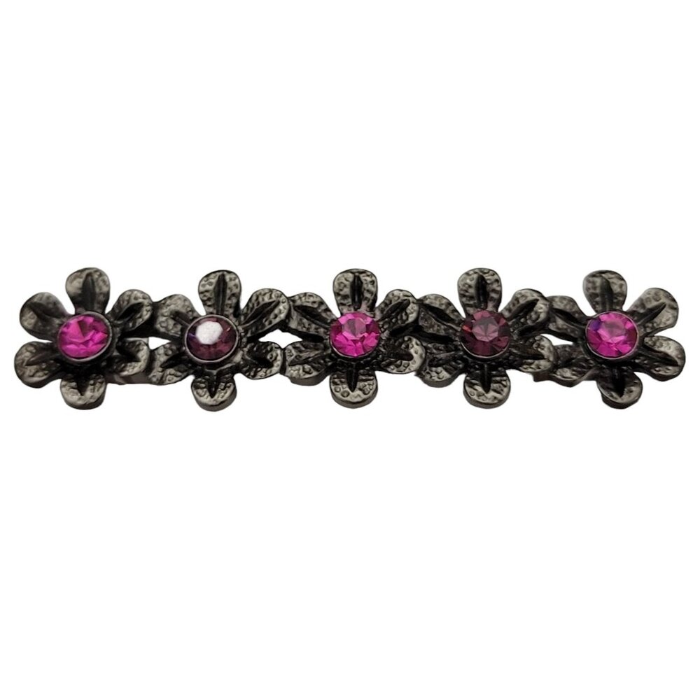 1928 Brand Gun Metal Silver Tone Pink Rhinestone Flowers Bar Pin K639